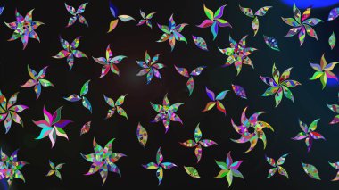 Çok renkli, zarif küçük çiçekler ve gri renkli komik böcekler, raster desen, illüstrasyon.