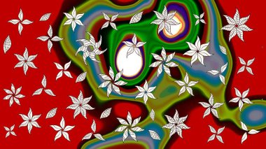 Kibarca, kırmızı renkte bahar çiçekleri. Raster illüstrasyonu. Çiçek ve yapraklı karalama şeklinde Raster çiçek deseni.