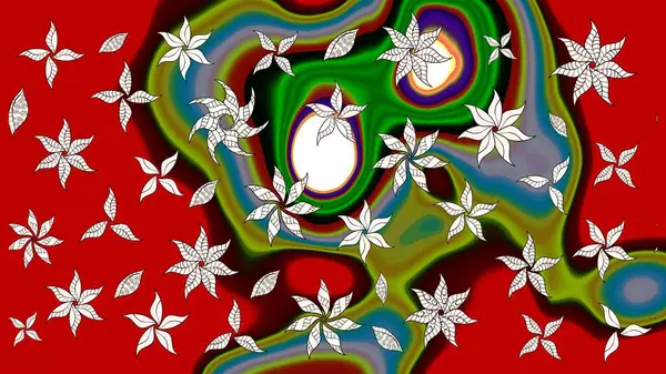 Kibarca, kırmızı renkte bahar çiçekleri. Raster illüstrasyonu. Çiçek ve yapraklı karalama şeklinde Raster çiçek deseni.