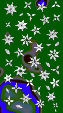 Yeşil renkli çiçekler. Raster illüstrasyonu. Çiçek desenli eskiz, vuruşlar, sıçramalar, yaz çiçekleri..