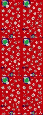 Oldukça eski bir besin torbası deseni, küçük kırmızı renkte, çiçekler. Millefleur 'lar. Tekstil, kumaş, kapaklar, duvar kağıtları, baskı, paket, koleksiyon defteri, örgü, dekupaj için çiçek arkaplanı..