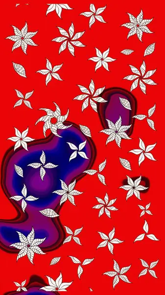 Raster illüstrasyonu. Şirin çiçekli eskiz deseni ve kırmızı renklerde yapraklar, suluboya çiçek deseni, duvar kağıdı, kart veya kumaş için fayanslı.