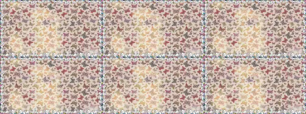 Kağıt, kumaş ve ambalaj için uygun. Kelebekli Raster çiçeksiz desen. Gri ve bej renkli illüstrasyon.