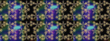 Kar tanelerinin soyut arkaplanlı Noel şablonu. Mavi, siyah ve yeşil kar taneleri. Raster illüstrasyonu. Noel ve Yeni Yıl moda baskıları için tatil tasarımı.