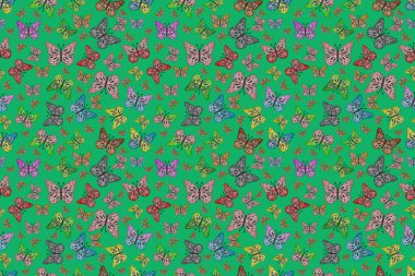 Moda sevimli kumaş tasarımı. Kelebeklerle güzel bir moda modeli. Siyah, gri ve yeşil renkli bir resim. Fantezi illüstrasyon.