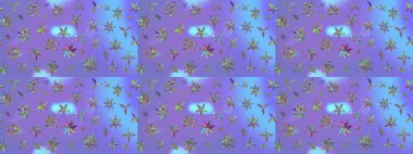 Çiçeksel elementlerle süslenmiş zarif raster dokusu. Mor renkler ve parlak çiçekler üzerine soyut çizim deseni. Küçük çiçekte şirin bir çiçek deseni var..