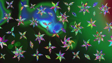 Nazik, narin çiçek arkaplanı. Çiçekli karalama şeklinde Raster çiçek deseni. Yeşil renkte çiçekler.