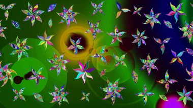 Düz Çiçek Elementleri Tasarımı. Çiçekli eskiz çizimi. Renkli Yaz Temalı eskiz kalıbı. Yeşil renkte çiçekler.