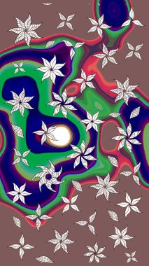 Yapraklı çiçekler ve kahverengi renkli papatya çiçekleri. Raster - stok. Taslak arkaplan deseni.