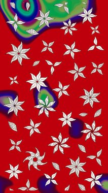 Moda baskıları için zarif bir şablon. Parlak renkli çiçekli ve kırmızı yapraklı harika bir çiçek deseni. Modern çiçek arkaplanı. Halk stili.