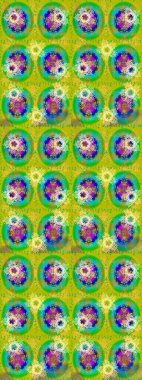 Renkli arka planda izole tatlı kar taneleri. Raster illüstrasyonu. Güzel kar tanesi. Yuvarlak raster kar tanesi. Soyut kış sarısı, yeşil ve mavi süs.