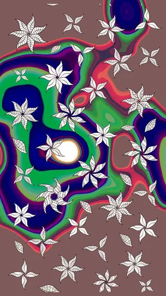 Yapraklı çiçekler ve kahverengi renkli papatya çiçekleri. Raster - stok. Taslak arkaplan deseni.