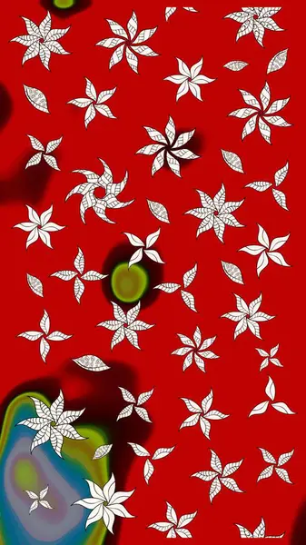 Raster Floral Illustration, Asyalı tekstil. Kırmızı renkli etnik çiçeklerle zarif bir eskiz şekli..