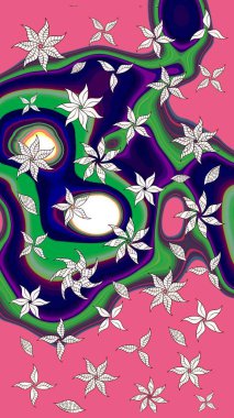 Üzerinde pembe renkte bitkilerden oluşan parlak bir halı olan çizim deseni.