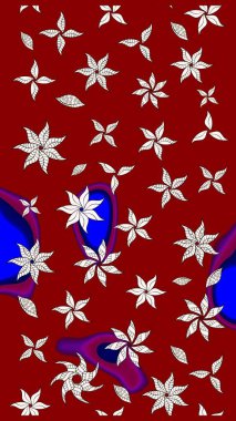 Raster Floral Illustration, Asyalı tekstil. Kırmızı renkli etnik çiçeklerle zarif bir eskiz şekli..