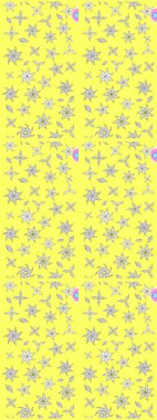 Renkli desenli eskiz deseni, sarı çiçekler ve dekoratif elementlerle. Eskiz geçmişi. Raster illüstrasyonu. Kumaş, tekstil, duvar kağıdı baskısı için. Antika retro tarzı.