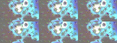 Raster illüstrasyonu. Patlayan çiçekler soyut olarak yerleştirilmiş. Raster deseni. Yumuşak, bahar çiçekleri mavi renklerde.