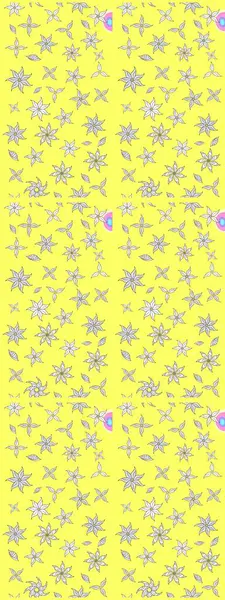 Renkli desenli eskiz deseni, sarı çiçekler ve dekoratif elementlerle. Eskiz geçmişi. Raster illüstrasyonu. Kumaş, tekstil, duvar kağıdı baskısı için. Antika retro tarzı.