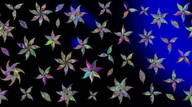 Elle çizilmiş çiçek desenli Raster çizimi. Çocuksu tasarım. Tekstil, kumaş, ambalaj, hatıra defteri için hoş bir çiçek arkaplanı. Siyah arkaplanda.