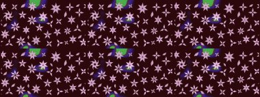 Tekstil, kumaş, ambalaj, hatıra defteri için hoş bir çiçek arkaplanı. Çocuksu tasarım. Kahverengi arka planda. Elle çizilmiş karalama çiçekleri ile Raster çizim deseni.