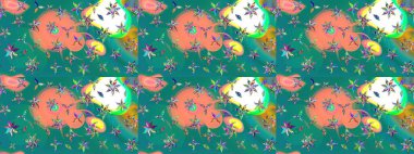 Çiçek duvar kâğıdı. Renkli çizim kalıbı. Mavi renkli şirin tekstil tarzında. Raster illüstrasyonu. Çiçek arka planı.