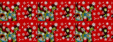 Raster Illustrasyon 'daki Çiçek Deseni' nin son moda çizimi. Kırmızı renkte çiçekler. Renkli Yaz Temalı eskiz kalıbı. Düz Çiçek Elementleri Tasarımı.