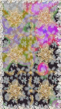 Raster illüstrasyonu. Kusursuz damaske klasik altın desen. Tekrarlayan elementlerle soyut arkaplan oluşturun. Gri renklerde altın desenli altın elementler.