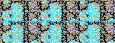 Raster geometrik arka plan. Mavi renklerde altın rengi, altın çiçekli desenler. Senin tasarımın için, duvar kağıdı. Altın rengi kusursuz illüstrasyon.