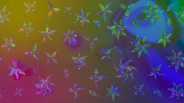 Raster çiçek desenli çiçek deseni, yapraklar, dekoratif elementler, sıçrama, lekeler, el çizimi kontur çizgileri ve Doodle çizim stili, grafik raster çizim çizimi.