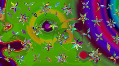 Suluboya elle çizilmiş çiçek desenli eskiz deseni. Parlak renkli fantezi çiçekleri, yapraklar, yeşil renkli tomurcuklar.