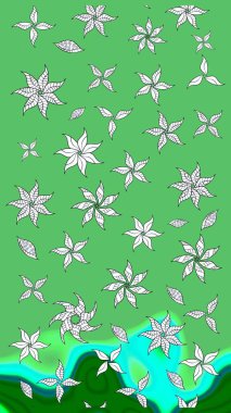 Tekstil, kumaş, ambalaj, hatıra defteri için hoş bir çiçek arkaplanı. Çocuksu tasarım. Elle çizilmiş çiçek desenli Raster çizimi. Yeşil arkaplanda.