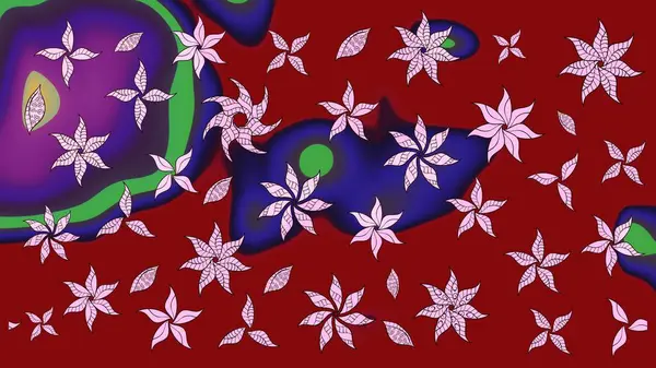 Kırmızının üstüne kırmızı. El çizimi çiçek unsurları olan soyut çizim raster deseni. 1950-1960 motifleri. Retro tekstil tasarım koleksiyonu. Çiçekli ipek eşarp..