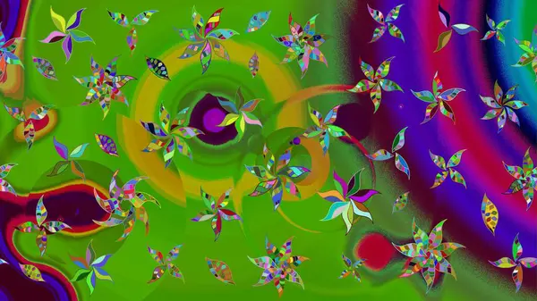 Suluboya elle çizilmiş çiçek desenli eskiz deseni. Parlak renkli fantezi çiçekleri, yapraklar, yeşil renkli tomurcuklar.