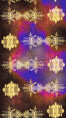 Kahverengi, mor ve sarı renkli kar taneleri. Raster illüstrasyonu. Yılbaşı Biçimi.