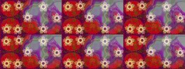 Kar tanesi raster deseni. Renkli arka planda izole tatlı kar taneleri. Raster illüstrasyonu. Mor, kırmızı ve kahverengi renkte kar taneleri.