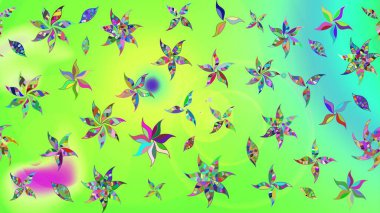 Yeşil renkli bitkilerden oluşan parlak çiçekli çizim deseni.