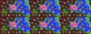 Çocuksu tasarım. Mavi arka planda. Tekstil, kumaş, ambalaj, hatıra defteri için hoş bir çiçek arkaplanı. Elle çizilmiş karalama çiçekleri ile Raster çizim deseni.