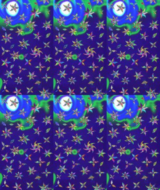 Raster illüstrasyonu. Mavi renkli Asya tekstili. Suluboya çiçekli çiçek deseni.