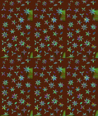 Eskiz arkaplan modeli. Raster - stok. Yapraklı çiçekler ve kahverengi renkli papatya çiçekleri..