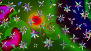 Yeşil renkli çiçekler. Hediye ambalaj kağıdı, tebrik kartları, posterler ve pankart tasarımı. Raster düz çiçek çizim deseni.