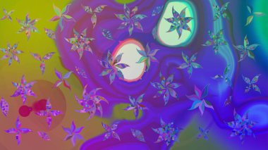 Modern çiçek arkaplanı. Parlak renkli çiçekleri ve mor renkli yaprakları olan harika bir çiçek deseni. Halk tarzı. Moda baskıları için zarif bir şablon.