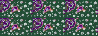 Yeşil renkli etnik çiçeklerle süslenmiş zarif bir eskiz şekli. Raster Çiçek İllüstrasyon Şirin Tekstil.