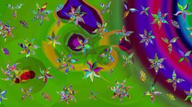 Renkli Bahar Teması eskiz kalıbı. Raster Modaya uygun kumaş deseni. Yeşil renkli şirin çiçek deseni. Düz Çiçek Elementleri Tasarımı.