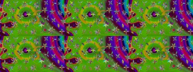 Şirin çiçekli eskiz deseni ve yeşil renkli yapraklar, suluboya çiçek deseni, duvar kağıdı, kart veya kumaş için fayanslı. Raster illüstrasyonu.