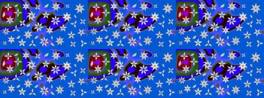 Çocuksu tasarım. Tekstil, kumaş, ambalaj, hatıra defteri için hoş bir çiçek arkaplanı. Mavi arka planda. Elle çizilmiş karalama çiçekleri ile Raster çizim deseni.