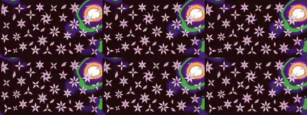 Düz Çiçek Elementleri Tasarımı. Çiçek desenli çizim. Asya tekstil tarzında. Raster illüstrasyonu. Renkli Bahar Teması eskiz kalıbı. Kahverengi renkte çiçekler.