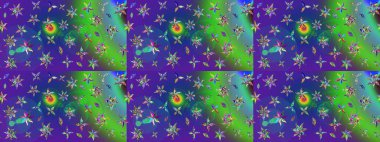 Mavi renkler ve parlak çiçekler üzerine soyut çizim deseni. Küçük çiçekte hoş bir çiçek deseni var. Çiçek elementli zarif raster dokusu..