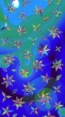 Mavi renkte etnik çiçeklerle süslenmiş zarif bir eskiz. Asya Tekstil 'inde Raster Çiçek İllüstrasyonu.