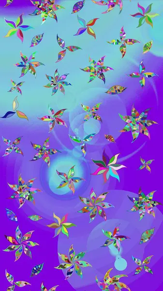 Varicoloet raster çizimi. Birçok menekşe ve soyut çiçekli tropik çizim deseni. Küçük çiçekte sevimli çiçek deseni var..