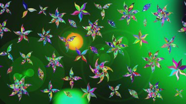 Klasik çiçekler. El çizimi, soyut ve süslü elementler. Yeşil renkler. Suluboya resim taklit Raster çizimi. Yaz çiçekleri teması.